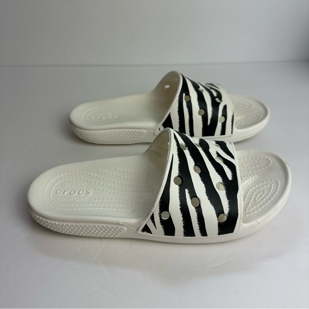 Crocs Zebra Animal Print Slide Sandals Classic Women’s Size 9 or Men's 7 Shoes - Picture 2 of 8